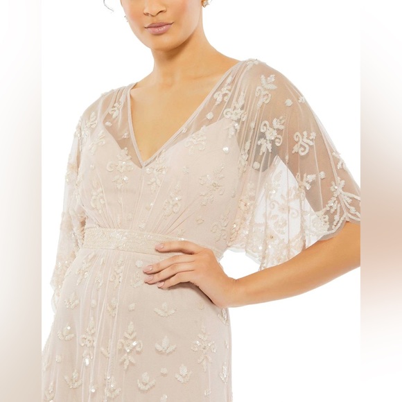 New Mac Duggal Blush V Neck Flutter Sleeve Embellished Mesh Gown, Size 10 - Picture 2 of 9